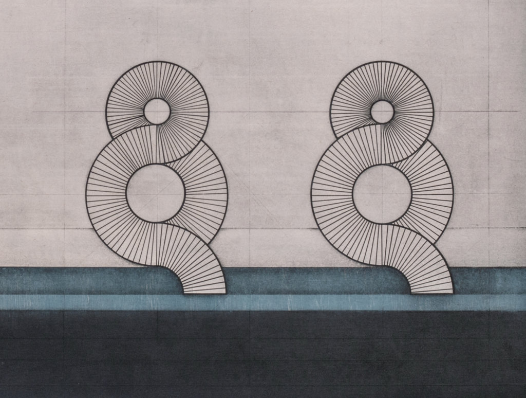 Two identical loopy figure-eight forms sit side by side on a dark watery blue ground. Their thick black outlines are crossed with thinner lines, radiating outward where the eights loop around themselves. The background is a light off-white with faint grid lines throughout.